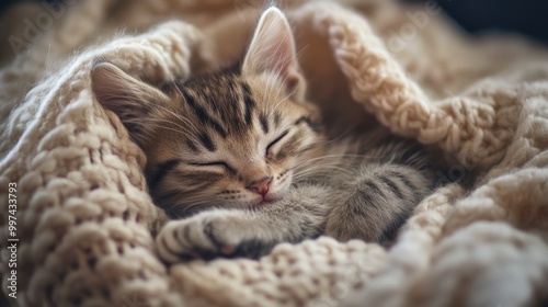 A tiny kitten curled up in a cozy blanket, peacefully sleeping with its paws tucked under its chin. photo