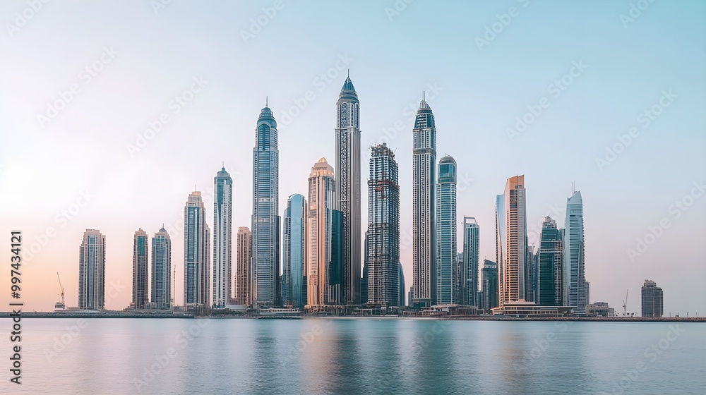 Obraz premium Panoramic View of Iconic Dubai Skyline at Sunset