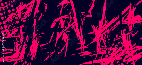 Abstract background with pink paint strokes and circles on a dark blue background.