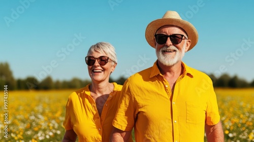 An elderly couple smiling and walking in a sunny field of flowers, both dressed in bright yellow outfits and sunglasses. Happiness and summer.