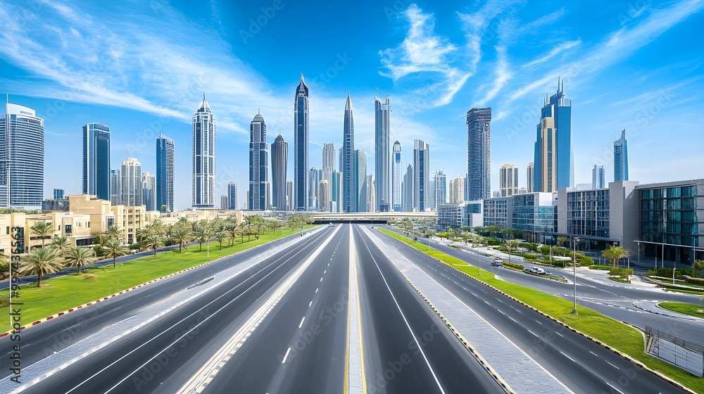 Fototapeta premium Aerial View of Modern Dubai Road and Skyline