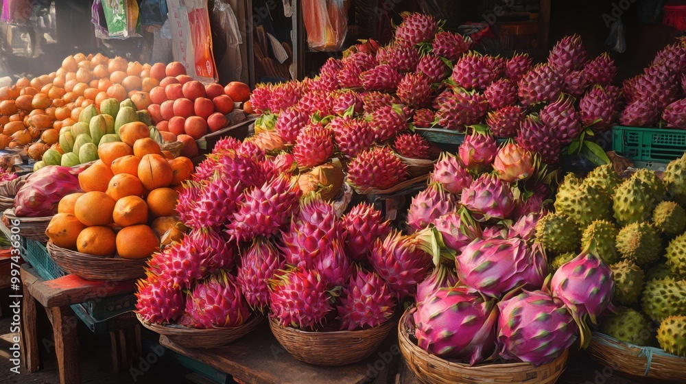 Fototapeta premium A vibrant display of Thai tamarinds, dragon fruits, and mangosteens in a traditional market setting.