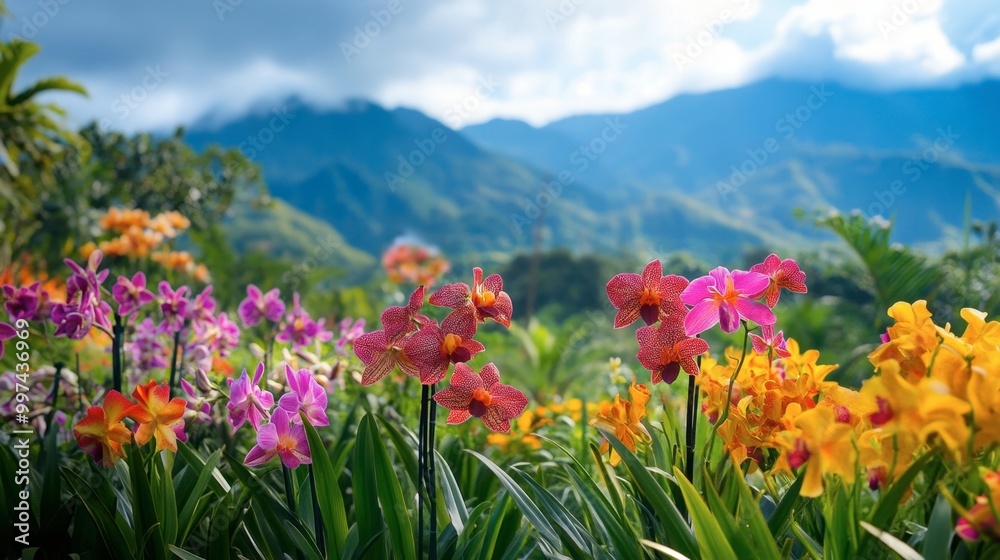 Obraz premium A vibrant orchid garden with a backdrop of mountains, capturing the essence of nature's beauty.