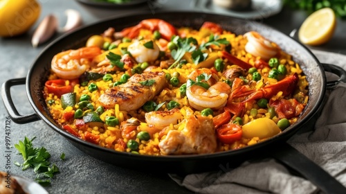 A vibrant paella packed with seafood, chicken, and colorful vegetables, served in a traditional pan on a rustic table.