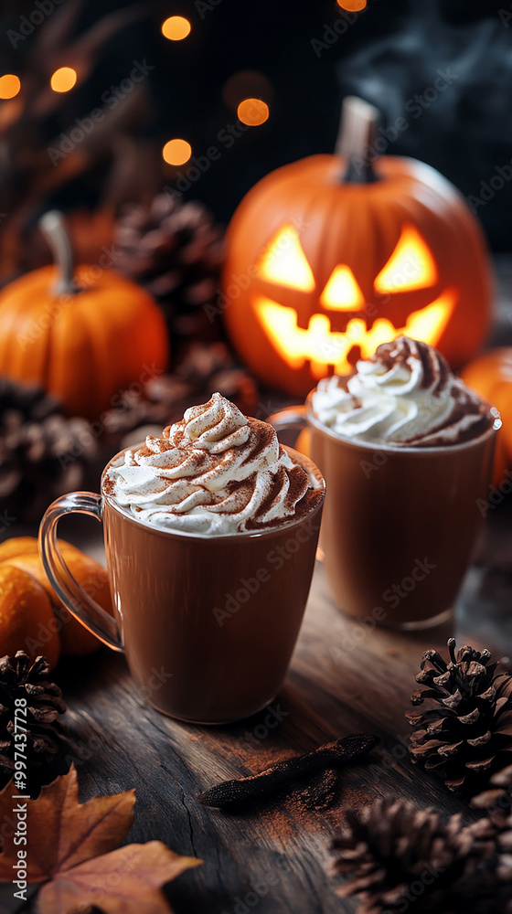 Halloween. Pumpkin latte with whipped cream and cinnamon next to a glowing jack-o'-lantern. cones and autumn leaves as an atmosphere for the holiday. Halloween. Pumpkin latte with whipped cream and cinnamon next to a glowing jack-o'-lantern. cones and autumn leaves as an atmosphere for the holiday.