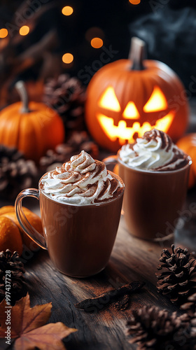 Halloween. Pumpkin latte with whipped cream and cinnamon next to a glowing jack-o'-lantern. cones and autumn leaves as an atmosphere for the holiday.