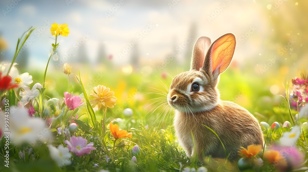 Whimsical Bunny in a Realistic Easter Garden Whimsical Bunny in a Realistic Easter Garden