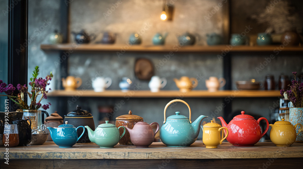 An artistic tea display with a variety of colorful teapots, stylish teacups, and a range of tea blends. An artistic tea display with a variety of colorful teapots, stylish teacups, and a range of tea blends.