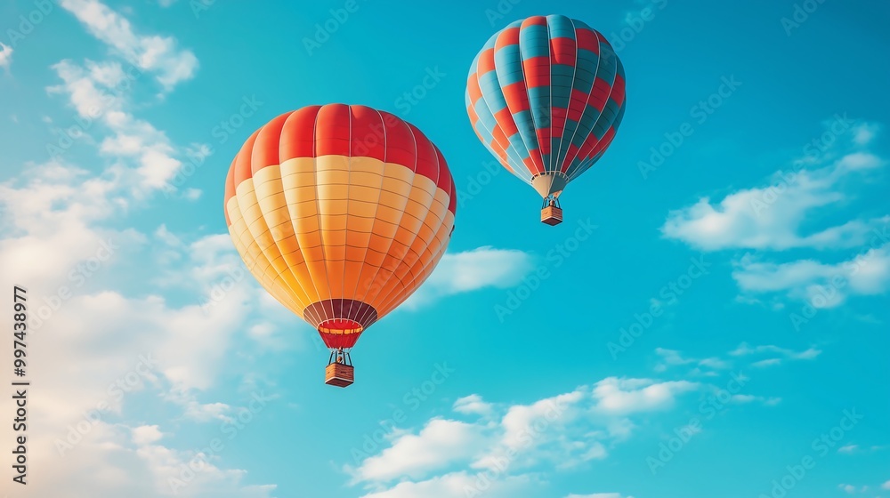 Two Colorful Hot Air Balloons Flying in Blue Sky with White Clouds Two Colorful Hot Air Balloons Flying in Blue Sky with White Clouds