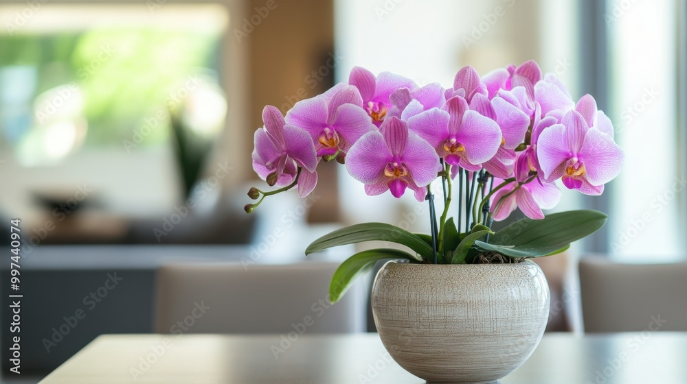 Orchids arranged in a decorative vase, adding a pop of color to a minimalist dining table. Orchids arranged in a decorative vase, adding a pop of color to a minimalist dining table.