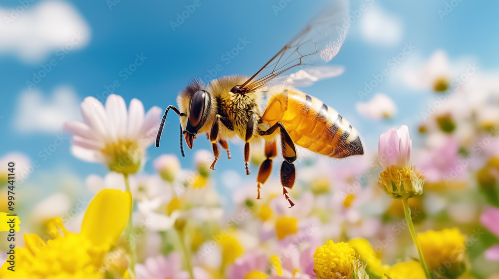 bee hovering over colorful flowers in vibrant garden bee hovering over colorful flowers in vibrant garden