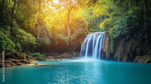 The picturesque Erawan Waterfall in Kanchanaburi, with its emerald pools and lush forest backdrop.