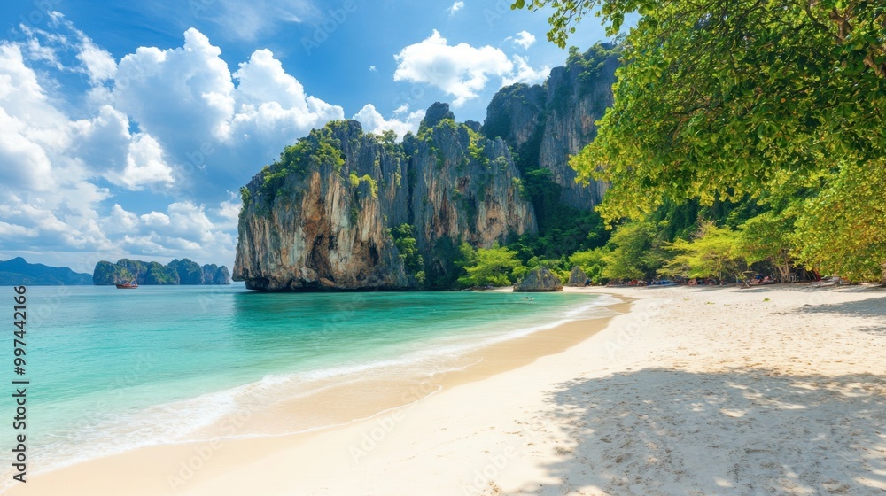 Obraz premium White sand beaches of Railay Beach, Krabi, framed by towering limestone cliffs and clear turquoise water.
