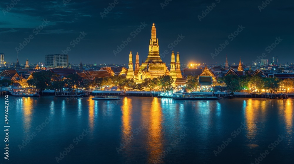 Wat Arun, the Temple of Dawn, illuminated at dusk, with its intricate spires reflecting in the Chao Phraya River. Wat Arun, the Temple of Dawn, illuminated at dusk, with its intricate spires reflecting in the Chao Phraya River.