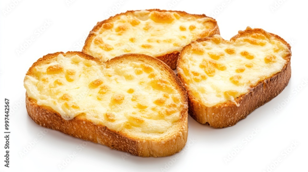 Three heart-shaped slices of toasted bread topped with melted cheese. Three heart-shaped slices of toasted bread topped with melted cheese.