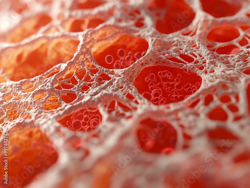 Close-up view of intricate red cellular structure with fine networks creating a captivating organic pattern. photo