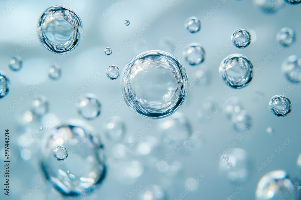 Large and small bubbles floating on a transparent water surface with shiny reflections in a minimalistic, hyper-realistic style Large and small bubbles floating on a transparent water surface with shiny reflections in a minimalistic, hyper-realistic style