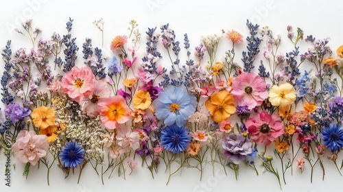 composition of dried wildflowers in spring and summer hues arranged beautifully against a delicate white watercolor background a gentle reminder of natures beauty and transience photo