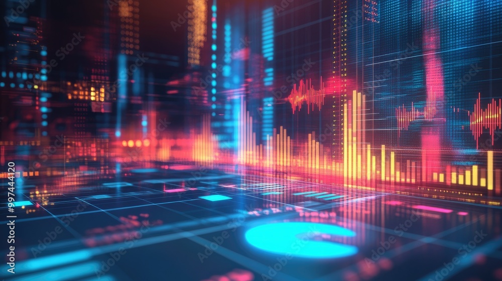 Abstract business background with glowing data points, bar graphs, and pie charts illustrating business growth and market trends. Abstract business background with glowing data points, bar graphs, and pie charts illustrating business growth and market trends.