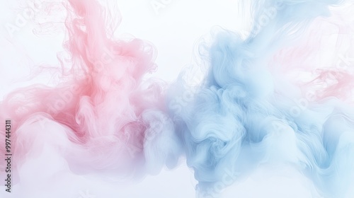 Billowing plumes of pastel smoke in pale pink and light blue tones gently mix, creating a delicate, flowing effect on a soft white backdrop.