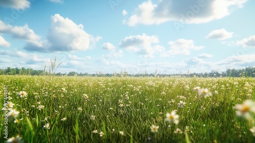 Lush green field under a bright blue sky.