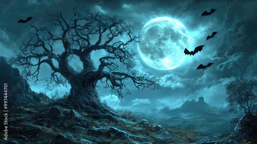Classic Halloween scene with a full moon, bats, and a spooky old tree, perfect for a traditional haunted atmosphere Classic Halloween scene with a full moon, bats, and a spooky old tree, perfect for a traditional haunted atmosphere