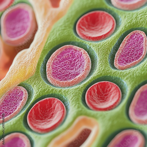 Colorful microscopic view of plant cells showcasing unique structure and vibrant hues, illustrating nature's intricate design. photo