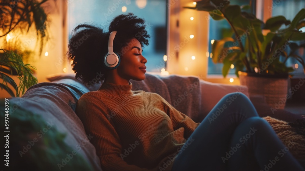 A woman with curly hair is wearing headphones and listening to music. She is sitting on a couch in a living room that has soft lighting and plants. A woman with curly hair is wearing headphones and listening to music. She is sitting on a couch in a living room that has soft lighting and plants.