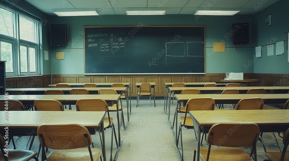 Empty Classroom with Desks and Chairs Facing a Chalkboard Empty Classroom with Desks and Chairs Facing a Chalkboard