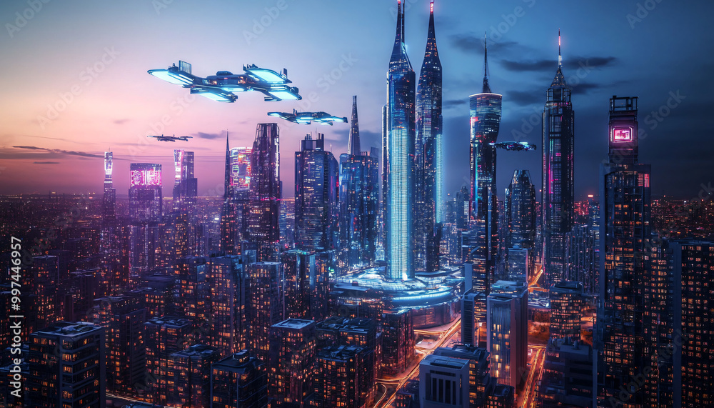Fototapeta premium A sci-fi city with sleek skyscrapers, flying vehicles, and glowing holograms, offering a glimpse into a high-tech future