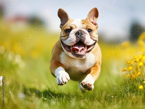 Joyful Bulldog Leaping Through a Vibrant Field of Yellow Flowers photo