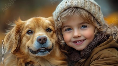 Happy Child with Dog in Cozy Outdoor Autumn Setting