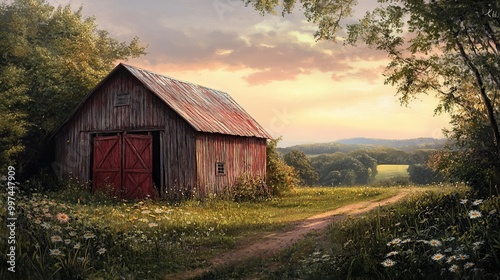 Rustic barn in a serene countryside landscape.