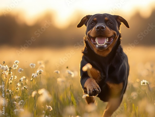 Rottweiler Running Joyfully Through Sunlit Wildflower Field photo