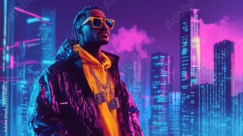 Under a vibrant neon sky, a person showcases a unique fashion sense, wearing a bold hoodie and sunglasses, amidst towering city skyscrapers glowing in bright colors after sunset. photo