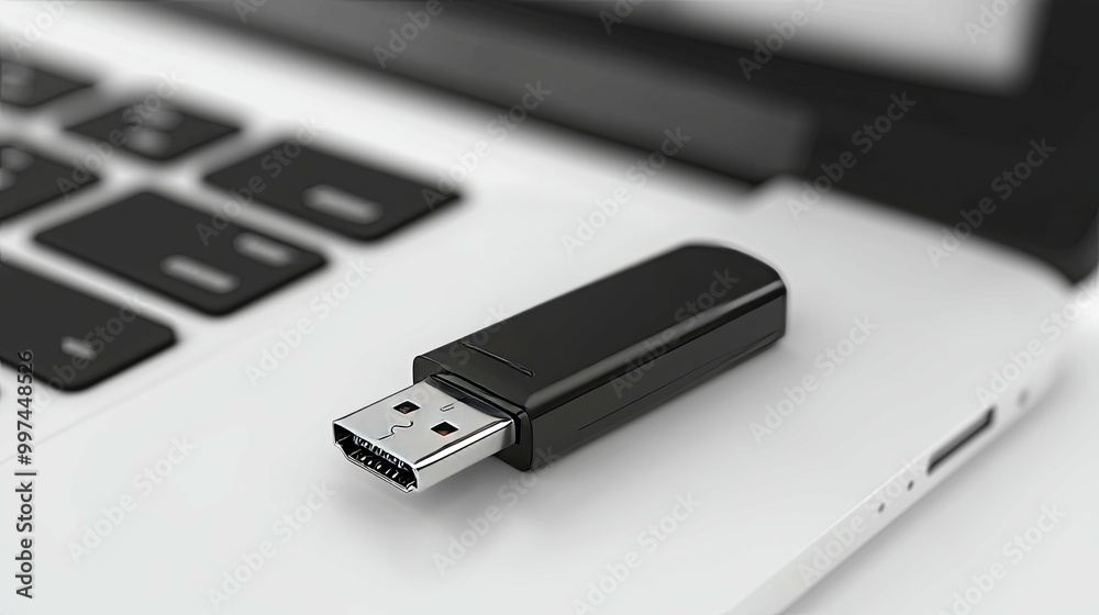 Black USB Flash Drive on a Laptop Keyboard Black USB Flash Drive on a Laptop Keyboard