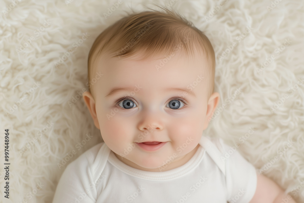 A smiling baby lying on a soft, white background, with bright blue eyes and a happy expression A smiling baby lying on a soft, white background, with bright blue eyes and a happy expression