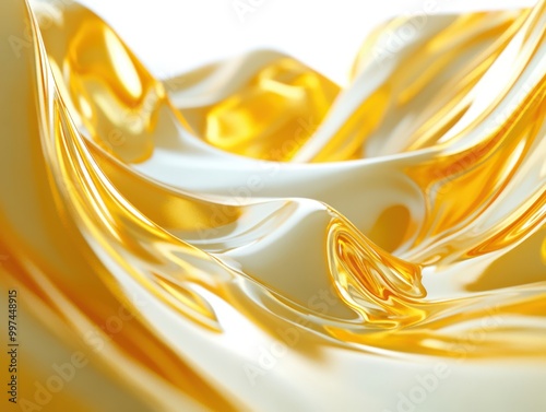 Abstract background with smooth flowing golden liquid waves with a reflective texture