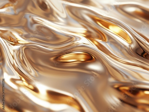 Abstract background with smooth flowing golden liquid waves with a reflective texture