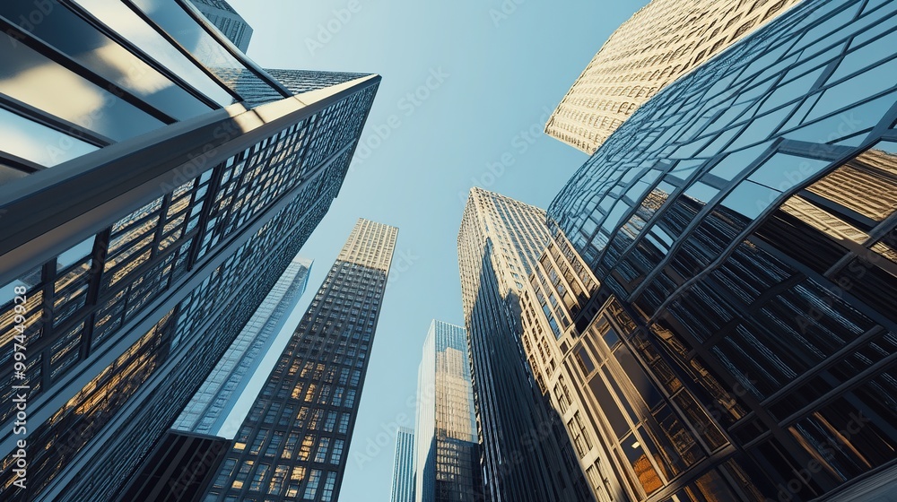 Naklejka premium Skyscrapers reaching towards a clear blue sky.