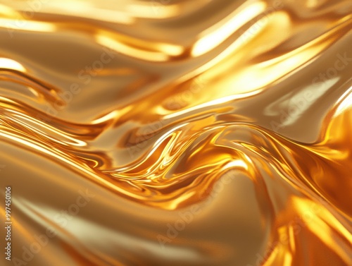 Abstract background with smooth flowing golden liquid waves with a reflective texture