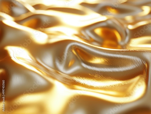 Abstract background with smooth flowing golden liquid waves with a reflective texture