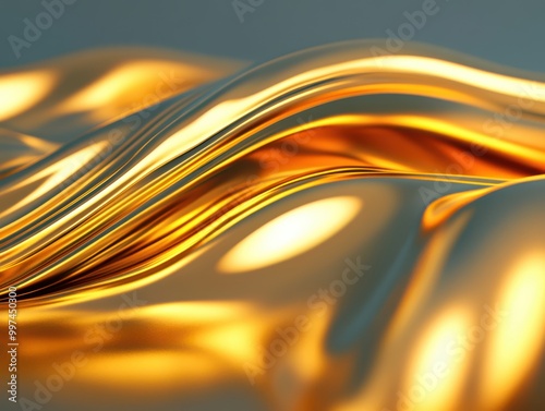 Abstract background with smooth flowing golden liquid waves with a reflective texture
