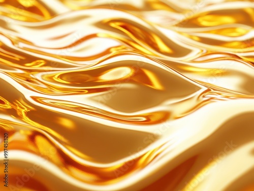 Abstract background with smooth flowing golden liquid waves with a reflective texture