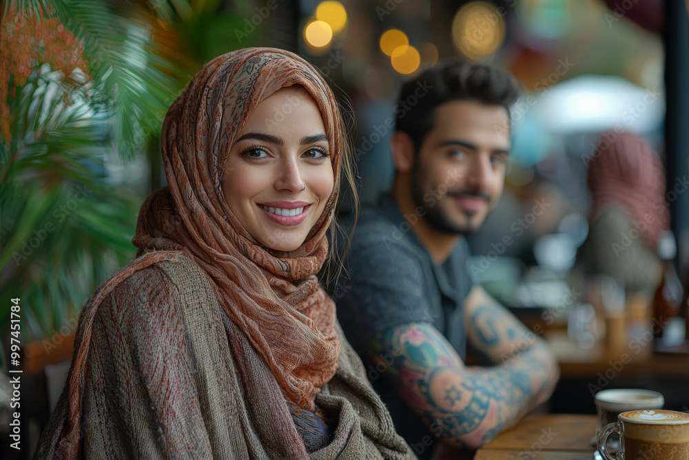 A Muslim woman in a hijab and a man with tattoos enjoying a coffee at a cafe. Concept of diverse social interactions. A Muslim woman in a hijab and a man with tattoos enjoying a coffee at a cafe. Concept of diverse social interactions.