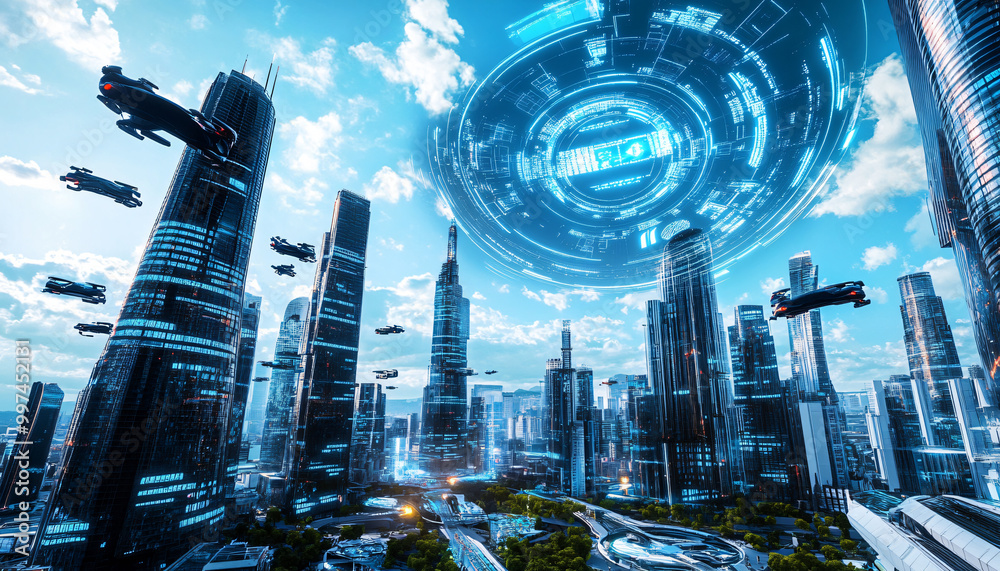 Obraz premium A sci-fi city with sleek skyscrapers, flying vehicles, and glowing holograms, offering a glimpse into a high-tech future