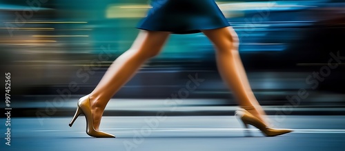 Businesswoman Walking in Heels, Motion Blur Urban Background