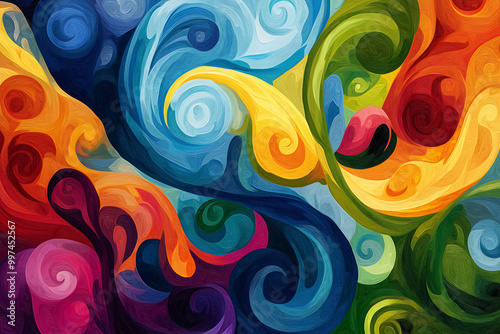 A vibrant, swirling abstract painting with dynamic colors and fluid shapes.