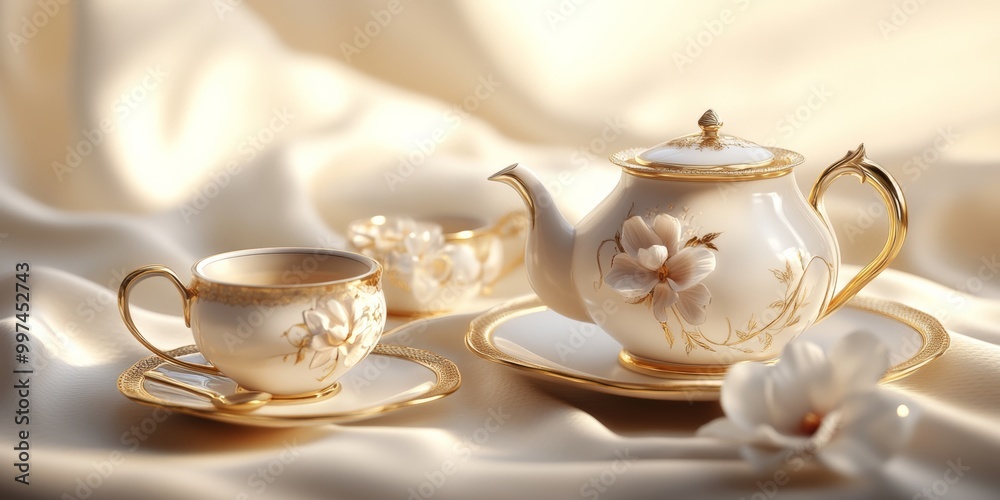 A beautiful three-dimensional rendering of a luxury tea set, showcasing elegant teacups and a teapot. The set is isolated against a soft backdrop, enhancing its sophisticated appeal A beautiful three-dimensional rendering of a luxury tea set, showcasing elegant teacups and a teapot. The set is isolated against a soft backdrop, enhancing its sophisticated appeal