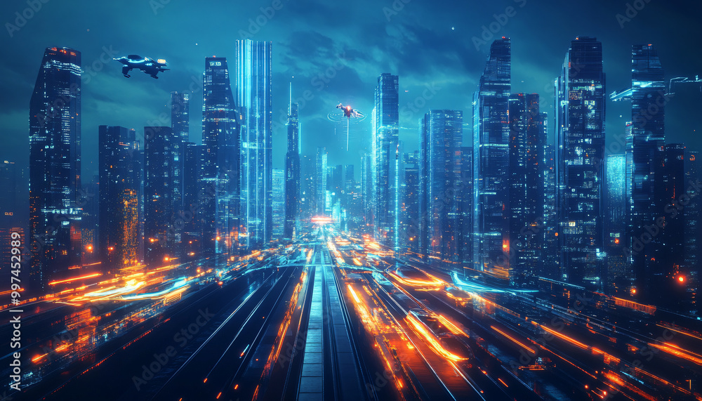 A sci-fi city with sleek skyscrapers, flying vehicles, and glowing holograms, offering a glimpse into a high-tech future A sci-fi city with sleek skyscrapers, flying vehicles, and glowing holograms, offering a glimpse into a high-tech future